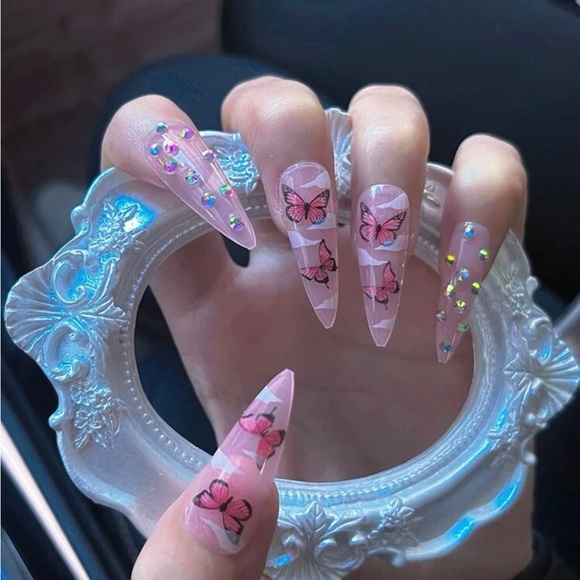 Stiletto, pink butterfly press on nails - Picture 2 of 4